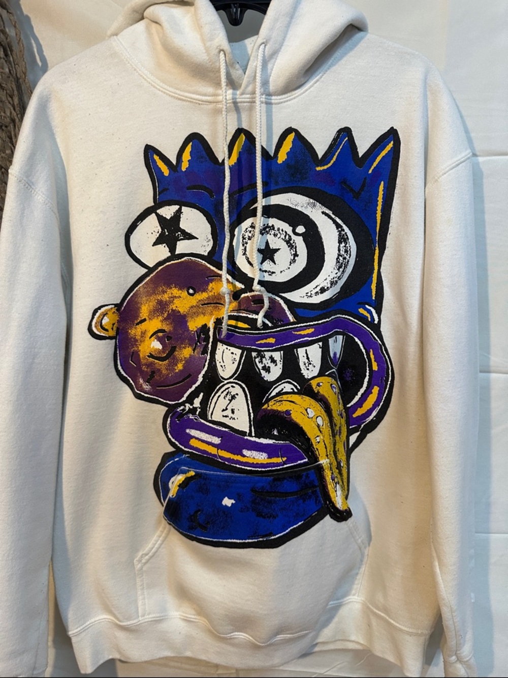 Mens/teen White Graphic Pullover Hoodie with Blue & Purple Art